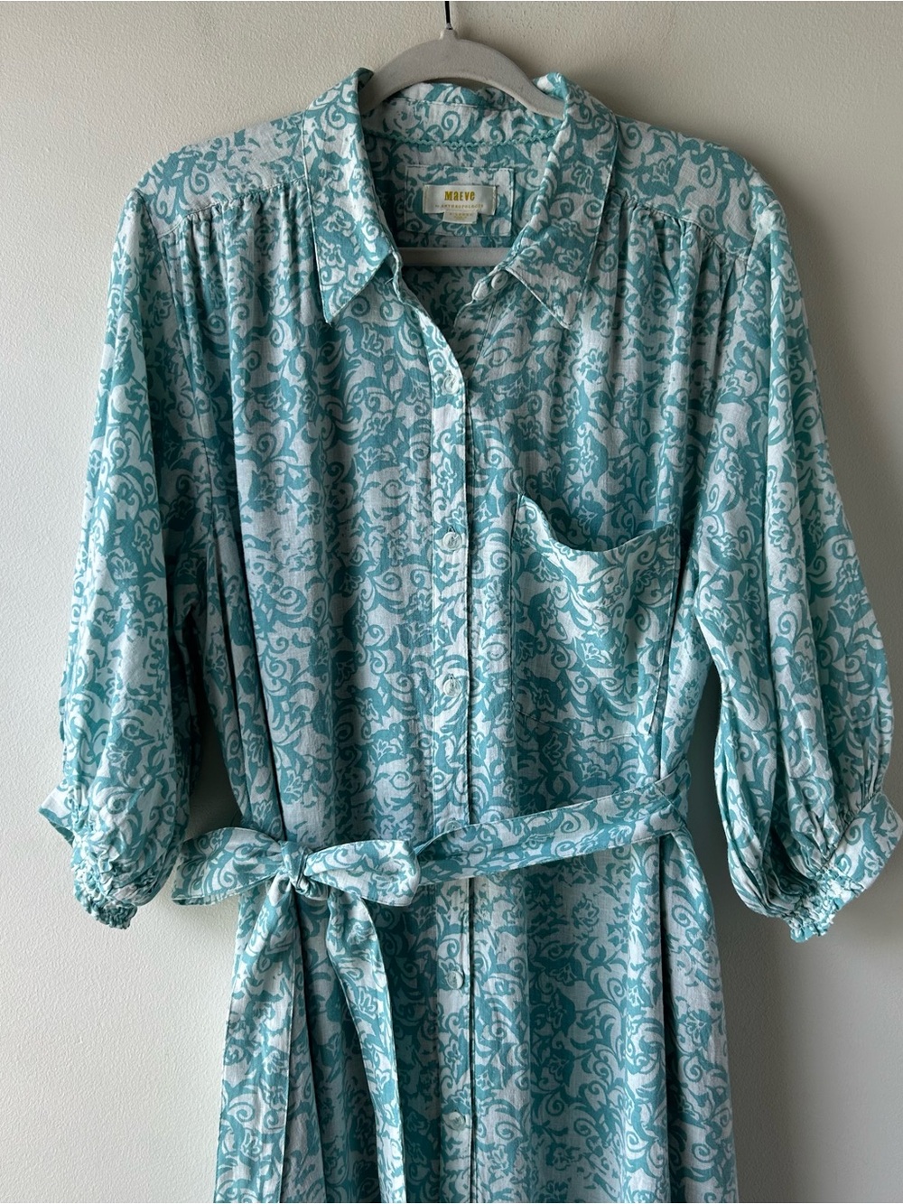 Maeve Anthropologie Irene Linen Shirt Maxi Dress Mint Green Floral XL - Picture 6 of 16